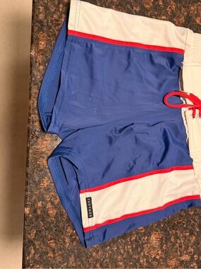 Men's Blue Swim Board Shorts with White Waistband and Red Trim